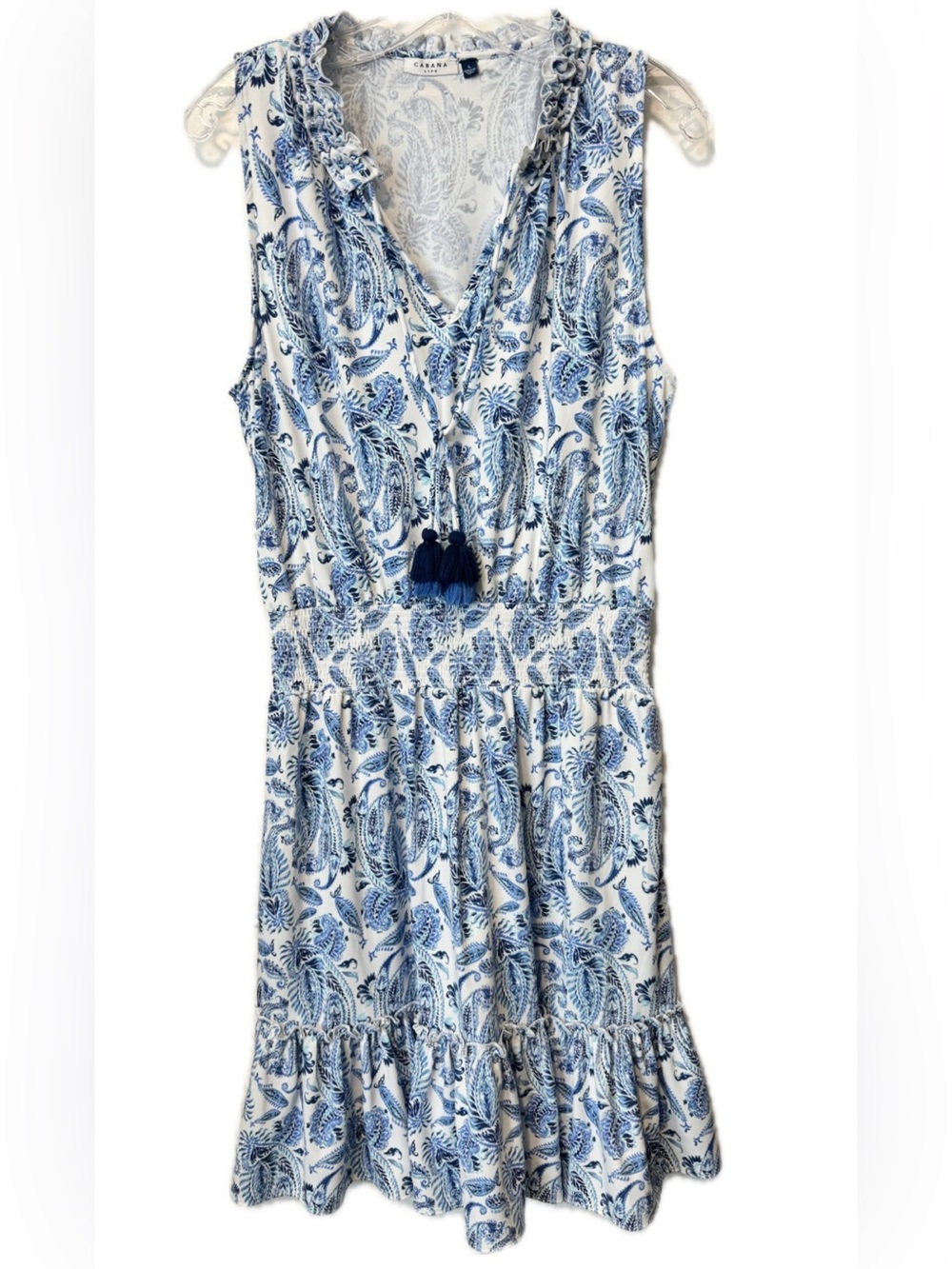 Cabana Life Blue White Paisley Tassel Dress Sleeveless Smocked Waist Size Large - Picture 2 of 10